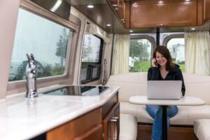 Inside a luxury RV on a campground